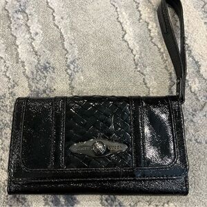 Elliott Lucca Black Patent Leather Trifold Clutch Wallet Wristlet